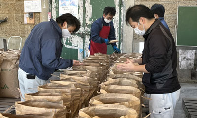 大豆の検査をする検査員